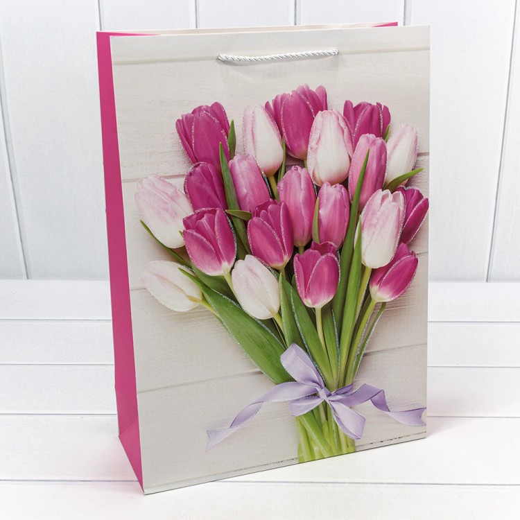 000312A Пакет подарочный с блёстками "Тюльпаны" (микс 312) 30*41,5*12 210г 1/20 1/80