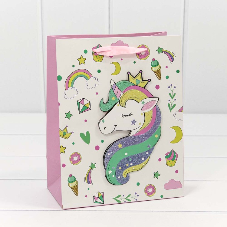 000303E Пакет подарочный с 3D аппликацией "Единорог" (микс) 18*23*10 1/20 1/360