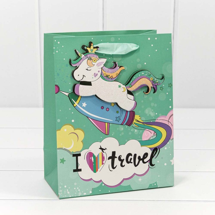 000303E Пакет подарочный с 3D аппликацией "Единорог" (микс) 18*23*10 1/20 1/360