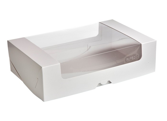 У01921 Коробка для пирожных р-р 280*185*75  бел/бел с круговым окном 1/25 