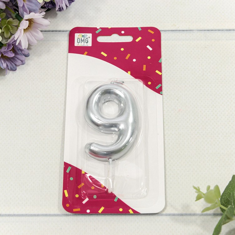 20014/9 Свеча для торта Цифра 9 Серебряный 6см 1/12 1/120 