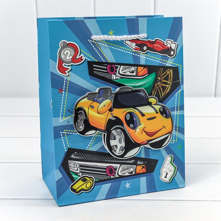 000253E	Пакет подарочный с 3D аппликацией "Машинки" (микс) 18*23*10 210г 1/20 1/360			