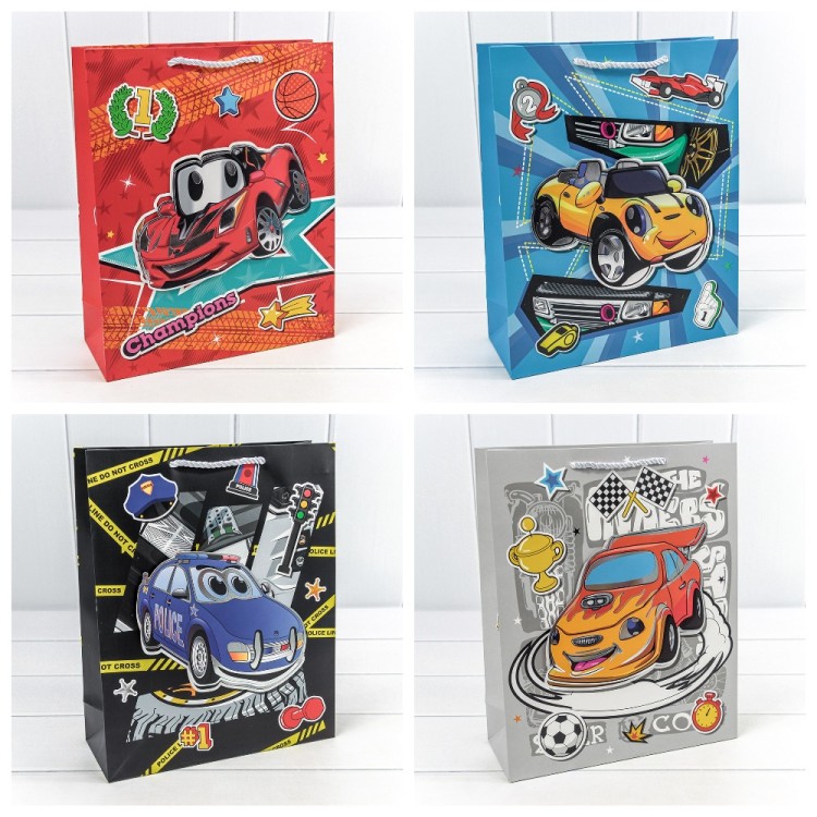 000253C Пакет подарочный с 3D аппликацией "Машинки" (микс) 26*32*10 210г 1/20 1/240	